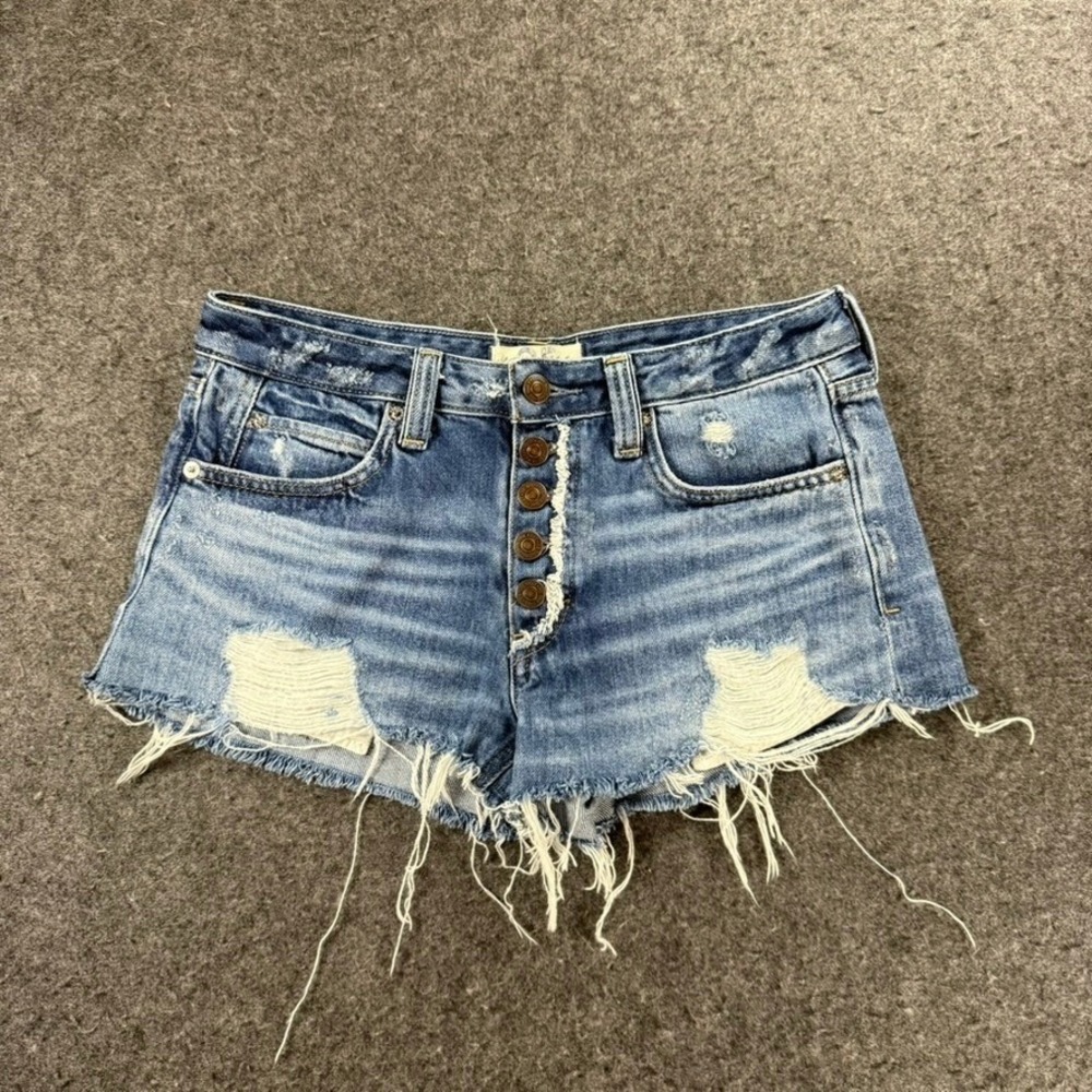 Free People Distressed Denim Shorts Button Fly Raw Hem Cut Off Blue Women's 25